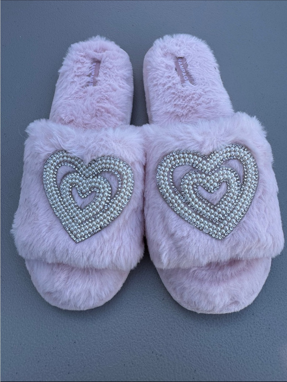Rampage Pink Faux fur slide slipper with pearl heart rhinestone embellishments